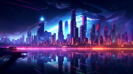 カラフルなネオンが輝く夜の街 サイバーパンク・スタイルGenerativeAI