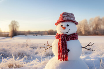 Obraz premium Cheerful Snowman Standing Amidst Snow-Covered Landscape in the Peaceful Wintry Countryside, Bringing Laughter and Winter's Joy