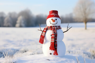 Humorous Snowman Standing Amidst Idyllic Winter Countryside: A Perfect Choice for a Holiday Theme Collection