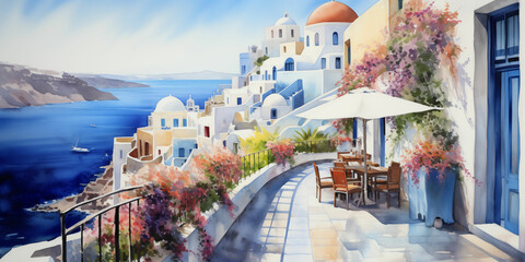 Watercolor Painting of the Scenic Streets and Provencal Architecture of Santorini, Greece - obrazy, fototapety, plakaty