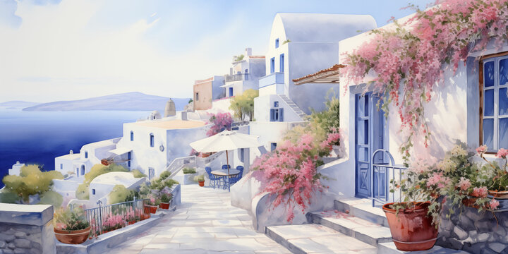 Fototapeta Watercolor Painting Depicting the Idyllic Streets of Santorini, Greece with Provence Inspired Architecture
