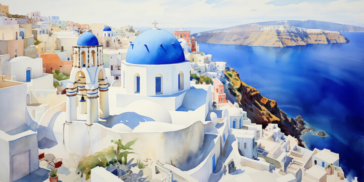 Aerial Watercolor Painting of Santorini, Greece - A Scenic Cultural Destination