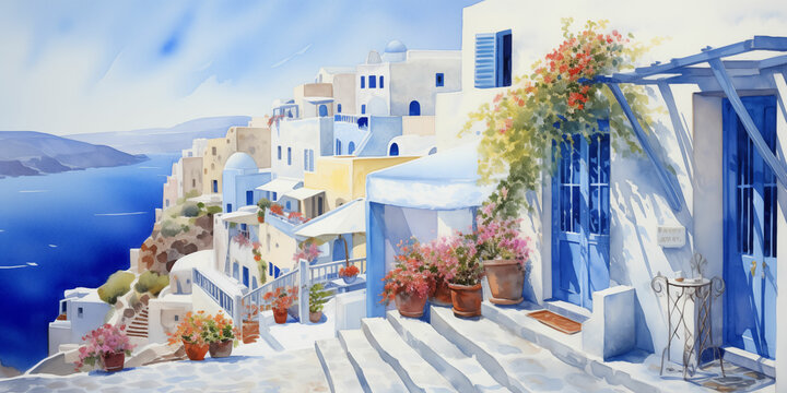 Fototapeta Watercolor Painting of Santorini Streets, Greece - Blend of Proven\u00e7al and Aegean Aesthetics