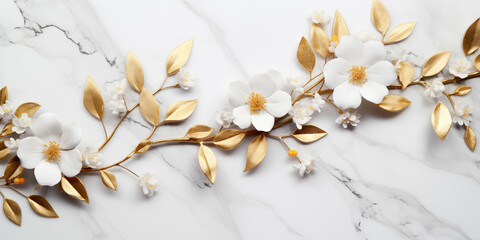 Elegant Arrangement of White and Gold Flowers on White Marble Texture with Leaves