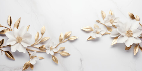 Elegant Display of White and Gold Flowers with Leaves on Pristine White Marble Texture - obrazy, fototapety, plakaty