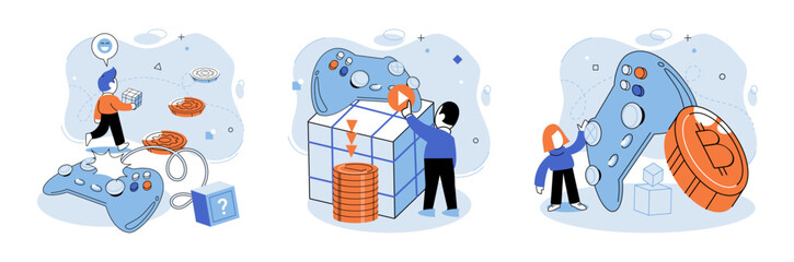 Gamefi vector illustration. Crypto powered gaming platforms in GameFi enable seamless in game transactions The GameFi metaphor represents paradigm shift in intersection gaming and finance Technology