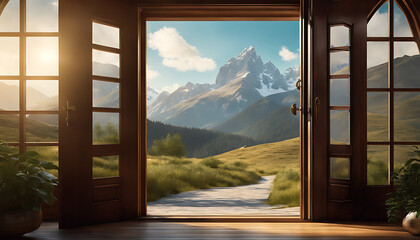 an open door leading to a mountain landscape. The door is made of wood and has a rustic look. The mountain landscape is in the background and shows tall mountains, green valleys, and a blue sky