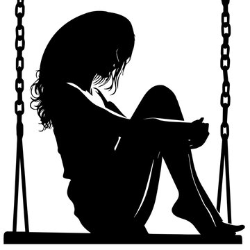 Young Girl Sitting On The Swing Vector Silhouette Illustration Black Color White Background