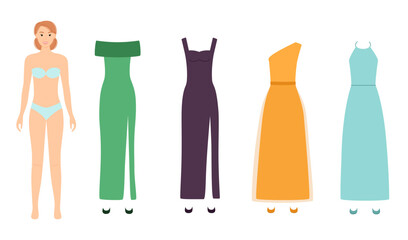 Paper doll with fashion dresses for different events, vector illustration