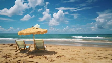 Fototapeta na wymiar Tranquil Beach Getaway: Relaxing Seat with Stunning Horizon over Ocean