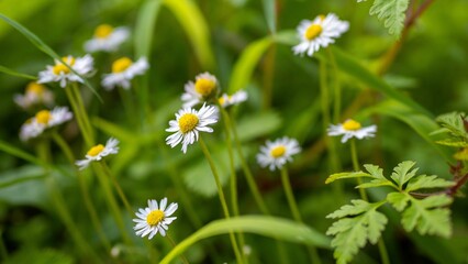Field of daisies growing amongst green grass and foliage.