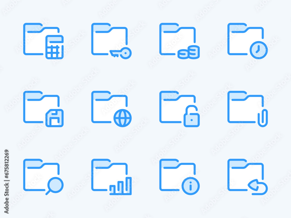 Poster folder configurations and data directory vector line icons. archive of files and documents outline i