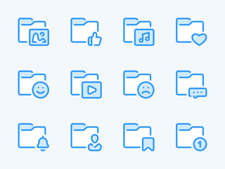 Folder configurations and Data directory vector line icons. Archive of Files and Documents outline icon set. Picture, Music, Video, Notification, Emotion, Like and more.