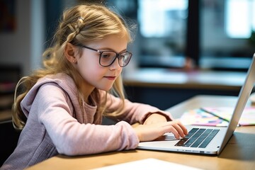 Girl using laptop at desk