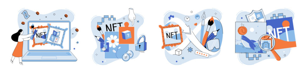 NFT vector illustration. The concept non fungible tokens NFTs has revolutionized way we perceive digital ownership Bitcoin is prominent cryptocurrency has reshaped world digital money The finance - obrazy, fototapety, plakaty