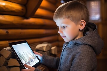 Fototapeta na wymiar Kid learns while playing on tablet app