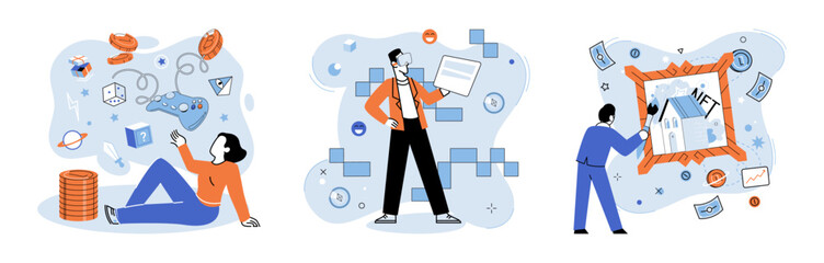 Digital asset vector illustration. Economic growth in digital age is closely tied to management and utilization digital assets Digital assets provide new avenue for investment and wealth accumulation