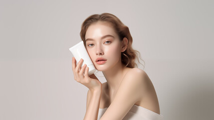 model holding a cream product packaging