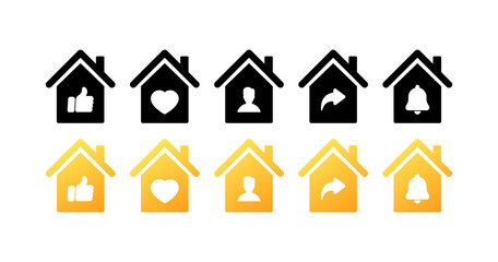 House icons with indicators. Different styles, house with husky, heart, person, bell. Vector icons