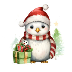 Charming cartoon penguin dressed for Christmas, white background