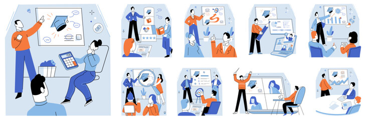 Business training vector illustration. Teaching business requires effective communication, mentorship, and fostering culture continuous improvement Study groups offer collaborative learning Study