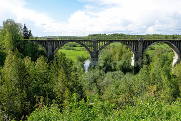 Railway bridge across the river in the south of the Kama region. The old Big Sars viaduct. The...