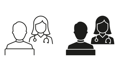 Patient and Doctor Consultation. Health Care Symbol Collection. Psychotherapist Talk with Client. Hospital Physician Counseling Patient Line and Silhouette Icon Set. Isolated Vector Illustration