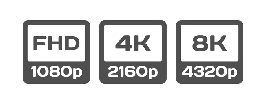 Permission icons. Flat, gray, 1080p, 2160p, 4320p resolutions for design. Vector icons