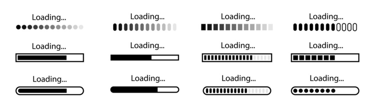 Loading bar icons. Set loading bar progress icon. Loading status on white background. Vector illustration.