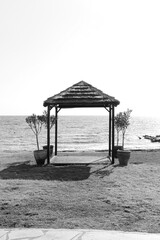 Thatched roof gazebo oceanfront used for weddings in black and white