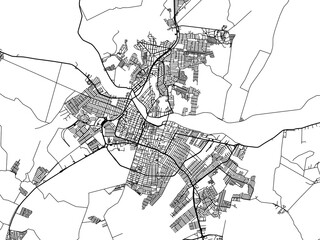 Vector road map of the city of Campos dos Goytacazes in Brazil with black roads on a white background.