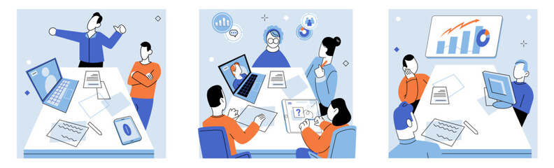 Business briefing vector illustration. Effective teamwork harnesses collective skills, knowledge, and experiences individuals towards achieving shared objectives The business briefing provided - obrazy, fototapety, plakaty