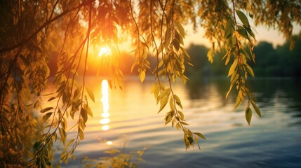 sun setting across the lake with waving leaves of the willow tree - obrazy, fototapety, plakaty