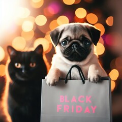 Pug puppy hugs kitten and holds shopping bag with black friday text. isolated on white background