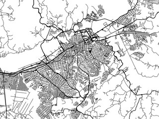 Vector road map of the city of Mogi das Cruzes in Brazil with black roads on a white background.