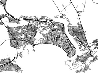 Vector road map of the city of Santos in Brazil with black roads on a white background.