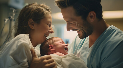 Heartwarming Moment Captured, The Precious Newborn Embraced by Proud and Overjoyed Parents in a Dramatic and Warm Embrace