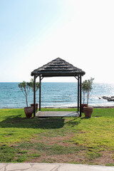 Thatched roof gazebo oceanfront used for weddings 