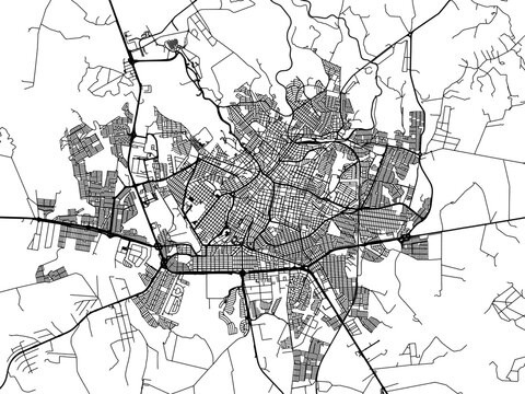 Vector road map of the city of Uberaba in Brazil with black roads on a white background.