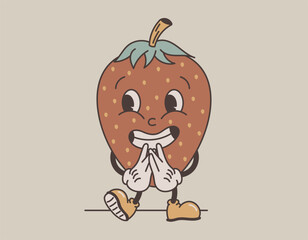 Funny retro groovy fruit character. Vector isolated excited smiling strawberry berry, old cartoon style.