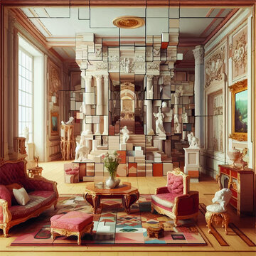 Baroque palace interior where the furniture and décor appear as if they've been deconstructed and reassembled in a Cubist style