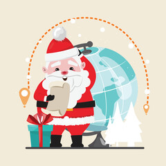 Santa Claus reading delivery list next to the globe. Delivery, destination, Christmas, surprise concept illustration.