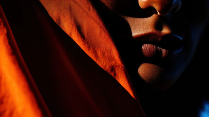 gros plan low-key sur la bouche d'une femme à moitié dissimuler derrière un tissu ocre rouge - obrazy, fototapety, plakaty