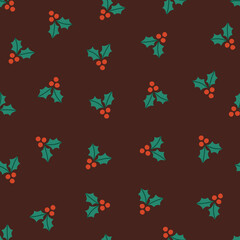 Christmas seamless pattern with holly berry on brown background