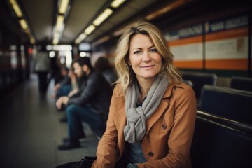 Portrait of a beautiful woman in a subway station. Selective focus.