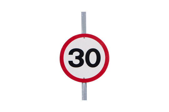 Speed limit sign isolated on cut out PNG. Maximum thirty kilometers per hour. Safety on road. White round sign red border line. Concept of following traffic rules. Symbol Slow down turn.