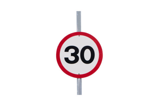 Speed limit sign isolated on cut out PNG. Maximum thirty kilometers per hour. Safety on road. White round sign red border line. Concept of following traffic rules. Symbol Slow down turn.