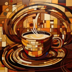 An illustration reflecting the rhythm and energy of coffee, a rhythmic composition of abstract shapes and lines.