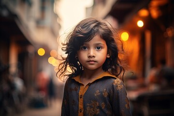 Portrait of a cute little girl with curly hair on the street