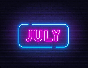July neon neon sign on brick wall background.